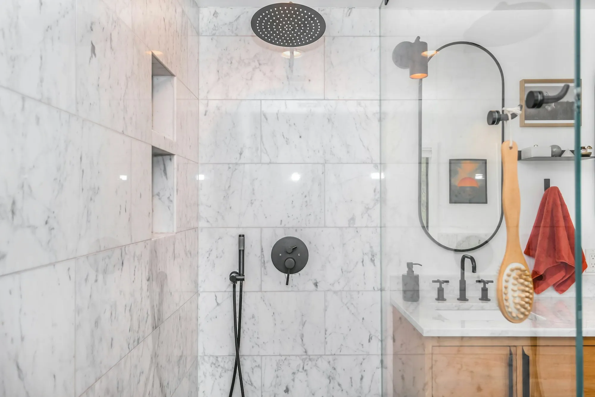 Remodeled bathroom with new tile and fixtures
