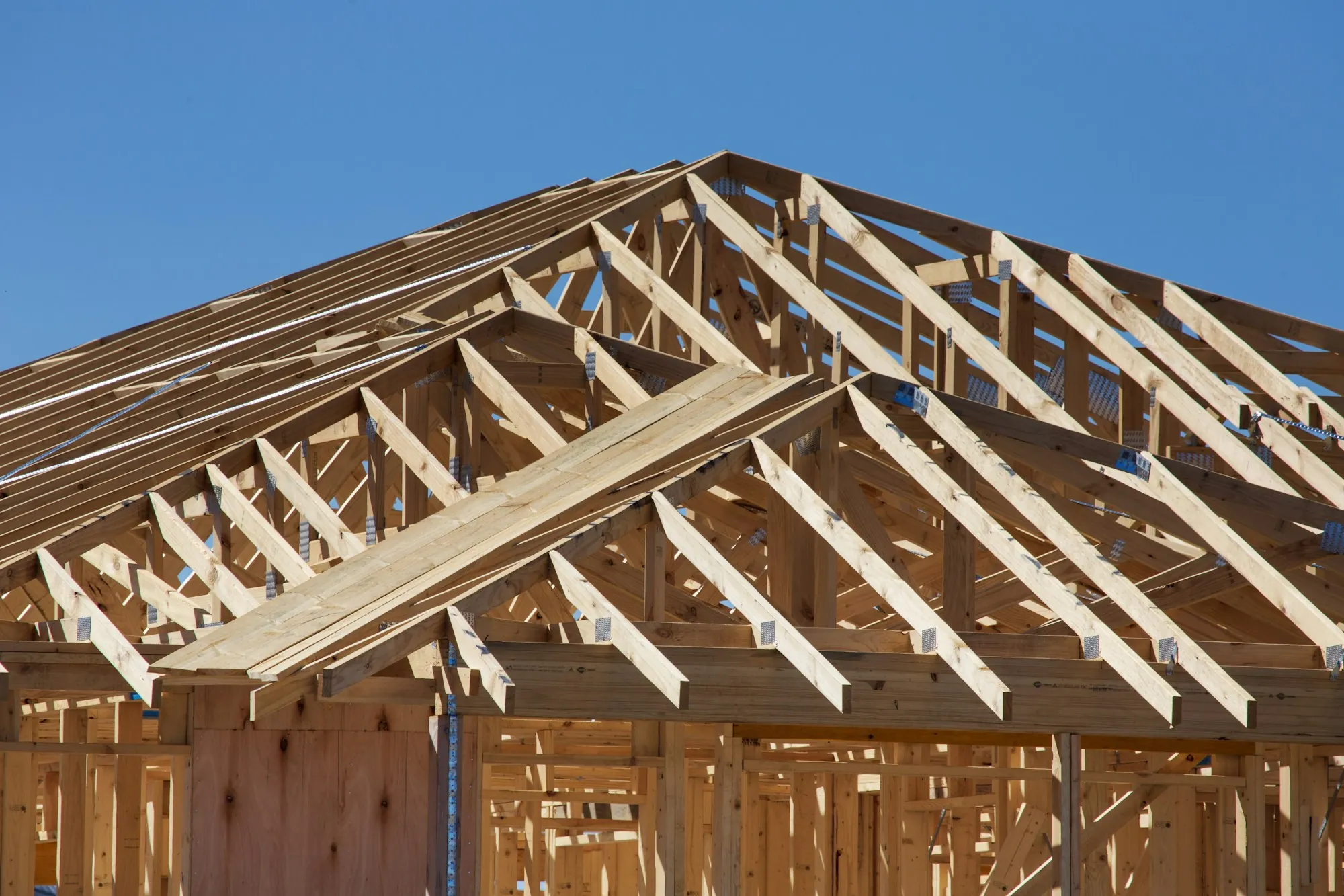 New roof trusses framed for a home addition
