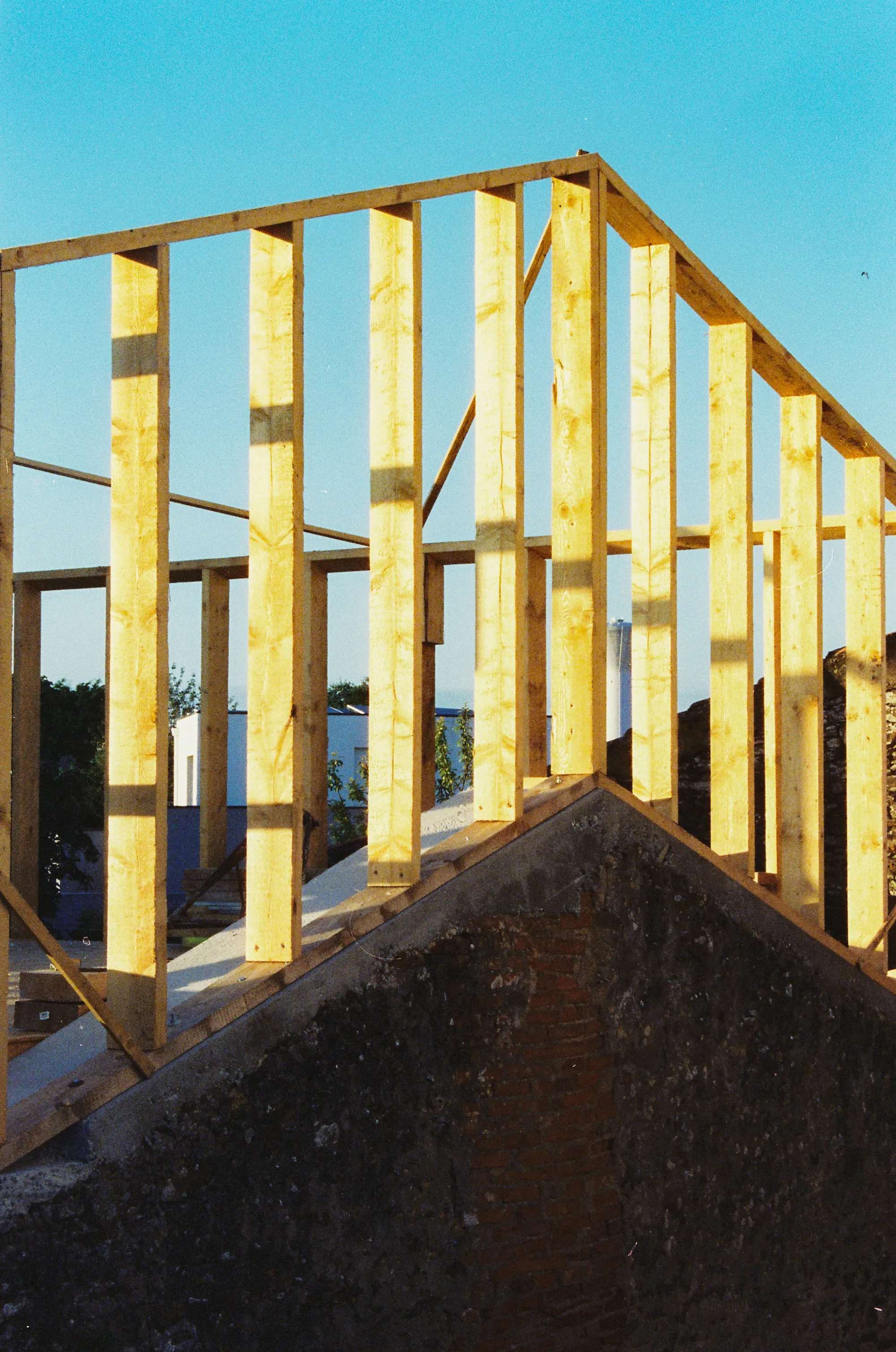 Wood framing going up on a home renovation